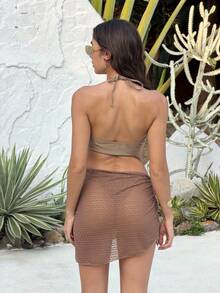 Bộ bikini đi biển gợi cảm màu trơn dành cho nữ, kiểu dây chéo cổ, kèm áo khoác ngoài và váy, thích hợp cho kỳ nghỉ hè. - màu nâu - Xem 5