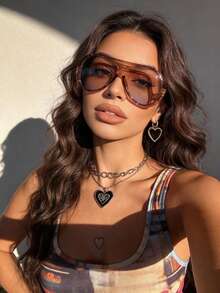 1 Pair Women's Plastic Leopard Print Aviator Full Frame Tinted Lens Fashion Glasses, INS Design, Combining Modern And Retro Charm, Fashion Accessory Suitable For Street Photography, Outfits, Vacation, Travel And More - 彩色 - 查看 13