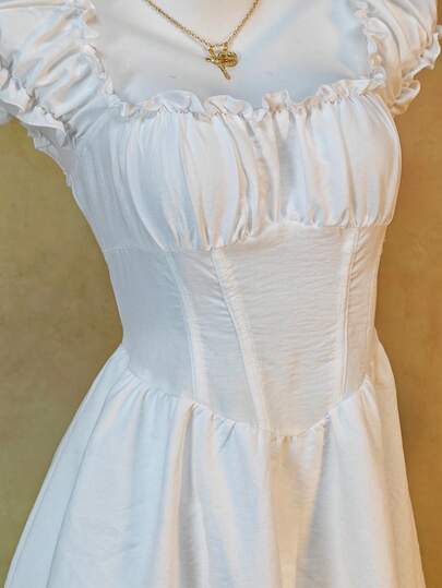 Elegant Casual Ruched Bust Vintage French Style Off-Shoulder Tiered Chiffon Dress, Suitable For Spring/Summer, Vacation, Wedding, Daily Wear, Travel, Stage Performance, Airport, Beach