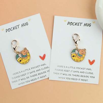 1pc/2pcs Cute Bear Moon Keychain Pendant, Comes With Pocket Hug Greeting Card, Bear Lover Gift, Ideal Present For Friends, Classmates, Colleagues, Valentine's Day