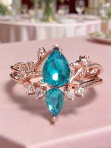 1pc Fashion Waterdrop Cut Blue Stone Ring Wedding Band Valentine's Day Jewelry Combining The Elegance Of The Main Stone With The Brilliance Of, Interpreting A Vintage Glamour Style, A Delicate Accessory To Light Up Your Outfit And Convey Unique Taste, For Teenager Women Christmas Gift Wedding Ring - Multicolor - View 19