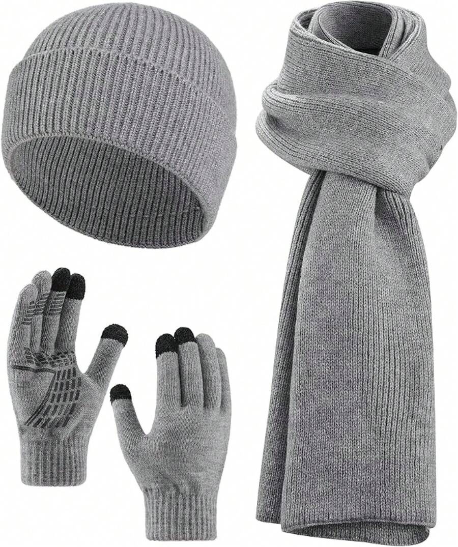 2026AWAYTR Women Winter Beanie Hat Scarf Gloves Set, 3Pcs Warm Knitted Hat Touchscreen Gloves Long Scarf For Cold Weather - 灰色 - 查看 1