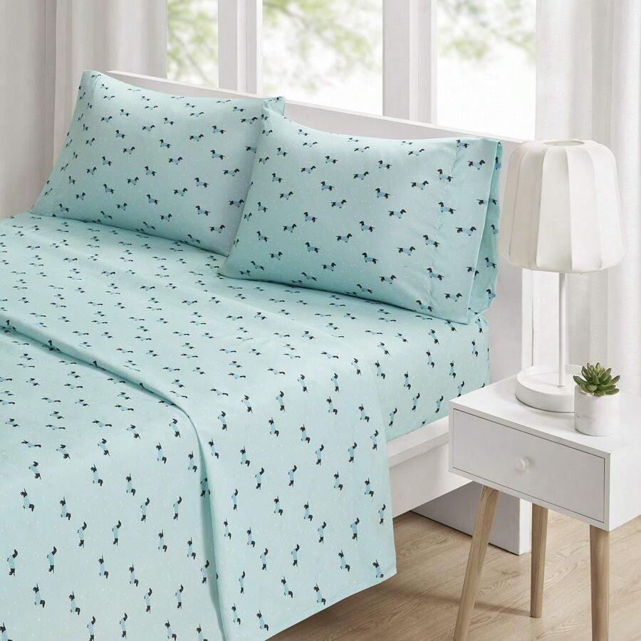 Microfiber Cozy Bed Sheet Set, Modern All Season Bedding Amp Pillowcases, Premium 14 Elastic Pocket Fits Up To 16 Mattress, Full Aqua Dogs 4 Piece - Doubleaqua - View 1