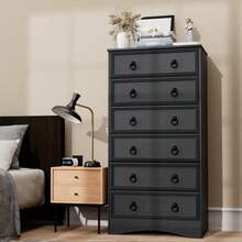 6 Drawer Dresser Tall, 52" Tall Grey/Cherry/Black Dresser For Bedroom, Chest Of Drawers, Large Storage Organizer For Clothes, Grey Vintage, For Living Room, Bedroom, Hallway - 黑色 - 查看 6