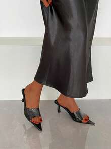 Commuting Chic Pointed Toe Patent Leather Black Mules, Thin Heel Open Toe High Heel Slides - Black - View 6