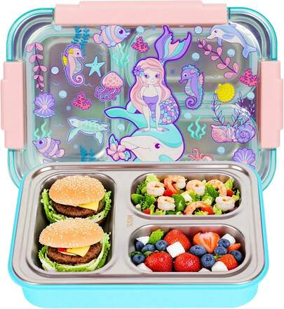 Fiambrera Bento de acero inoxidable para niños, 710 ml/24 onzas sin BPA y a prueba de fugas para niños con 3 compartimentos, almuerzo para estudiantes de regreso a la escuela,
