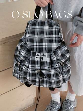1pc Fashionable Plaid Multi-Pocket Nylon Casual Backpack, Waterproof, Lightweight, Foldable, Drawstring, Patch Letter, Travel Bag