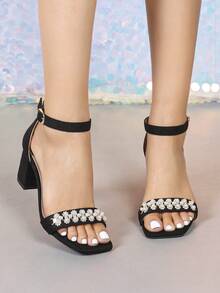 Giày sandal cao gót mùa hè cho nữ, giày nữ thanh lịch, sandal cao gót hở mũi gợi cảm, sandal đế vuông, giày cưới đế dày, sandal đen đính đá và ngọc trai giả. - màu đen - Xem 5