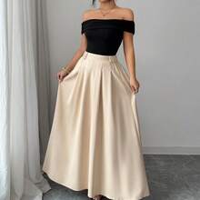 2pcs Set: Elegant Off-Shoulder Ruched Crop Top & Pleated Maxi Skirt, Suitable For Women's Casual Party Wear, Without Belt - Multicolor - View 8