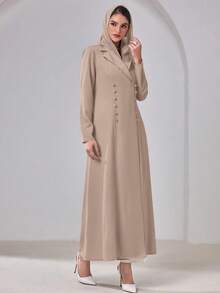 Women's Solid Color Lapel Overlap Double-Breasted Long Sleeve Casual Abaya Style Jacket For Daily Wear Spring - Beige - View 3