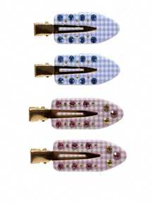 2/4pcs Pink And Blue Fresh Checkered Hair Clip With Rhinestone Embellishment, No Trace Clip, Hair Edge Clip Suitable For Women's Face Washing And Makeup, Already Worn Daily, Head Accessories, Party, Hair Accessories For Women, Claw Clips, Hair Slide, Hair Barrettes - Multicolor - View 13