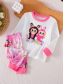 2pcs Girls Sleepwear Set, Cute Doll Print Long Sleeve Top Paired With Pink Leggings, Comfortable Fabric, Suitable For Babies Everyday Wear, Spring/Autumn - White - View 2