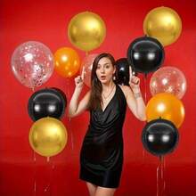 12pcs 12-Inch Round Luxury Black And Gold Party Metal 4D Balloons, Essential Black And Gold Party Decor For Celebrations, Ideal Black And Gold Party Decor For Adult And Kids Celebrations - Black Gold - View 5