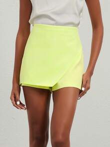 Se-Helo Fashion Casual Versatile Solid Color Asymmetrical Skirt Shorts - Neon Yellow Green Summer - Fluorescent Yellow-green - View 4