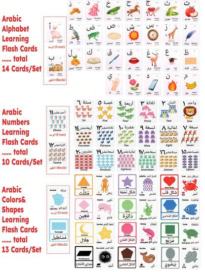 Tarjetas didácticas 3 en 1 de letras, números, formas y colores en árabe, herramienta de enseñanza auxiliar para educación preescolar, tarjetas de formas y colores en árabe, tarjetas de reconocimiento de números en árabe, adecuado como regalo de regreso a la escuela, presente de aprendizaje ilustrativo