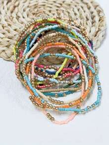 Bộ 14/10 vòng tay nhiều lớp đính hạt nhựa màu sắc sặc sỡ kiểu Bohemian và hạt CCB vàng dành cho nữ. - 10 chiếc, nhiều màu sắc khác nhau - Xem 9