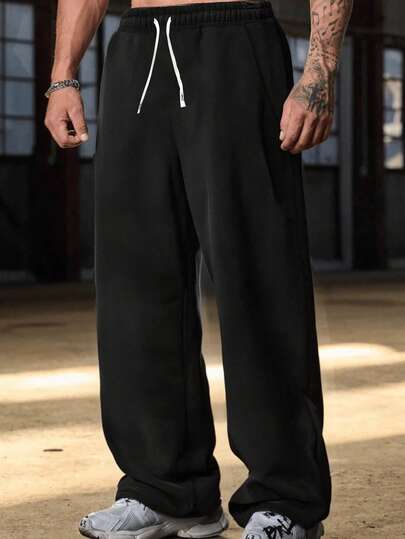 Plus Size Loose Fit Black Sweatpants For Men, Drawstring Design, Comfortable & Versatile