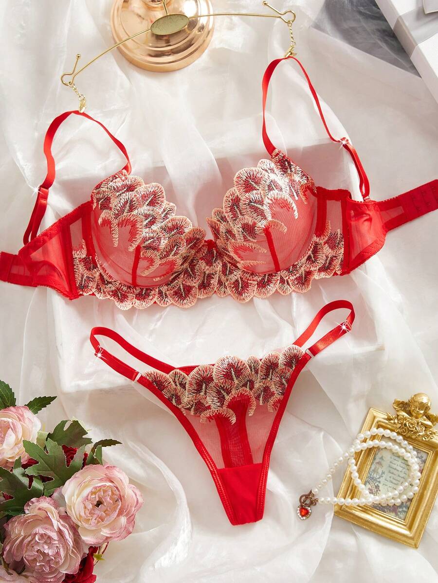Sexy Lingerie Set For Women, Sheer Mesh Embroidered Bra And Low-Waist Thong, Mature Sensual Underwear Set, Valentine's Day Gift - Red - View 1
