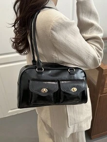 1个复古简约拉链手提包，带口袋，双提手，适合女士休闲和通勤日常使用 - 黑色 - 查看 4