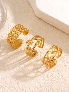 3pcs/Set Stainless Steel 18K Gold Plated Heart, Star, Moon Ring Set, Suitable For Women's Daily And Party Wear - Multicolor - View 6