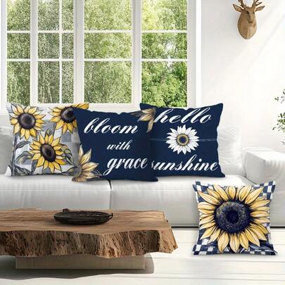 4pcs Plaid Sunflower Single-Sided Printed Throw Pillow Sofa Cover- Peach Light Beige Throw Pillow Cover 45.01* 45.01cm