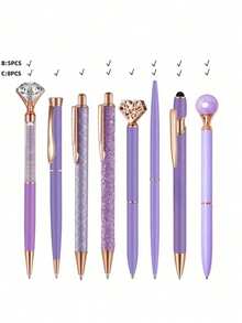 5支/8支紫色金属闪光钻石心形流沙圆珠笔套装，黑色墨水，适合作为送给女孩、妻子和朋友的礼物，也适合婚礼、派对、生日、新年、学校和办公用品、返校礼物。 - 紫色 - 查看 1