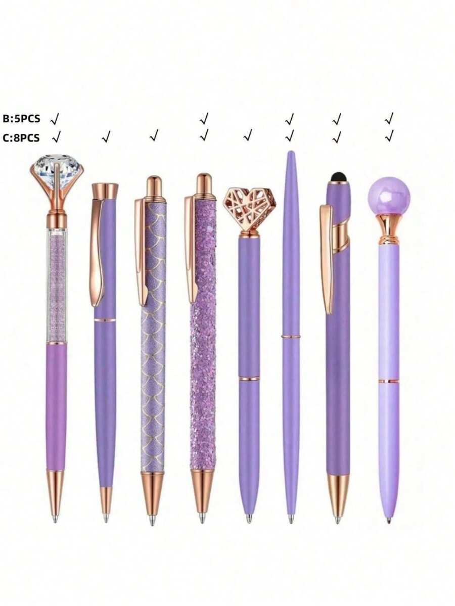 5支/8支紫色金属闪光钻石心形流沙圆珠笔套装，黑色墨水，适合作为送给女孩、妻子和朋友的礼物，也适合婚礼、派对、生日、新年、学校和办公用品、返校礼物。 - 紫色 - 查看 1