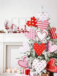 8/12Pcs Cute Heart-Shaped Wooden Valentine's Day Wedding Ornaments, Large Red Pink Plaid Heart Decorations, Perfect For Valentine's Day Home Wedding Office Decor - Multicolor - View 11
