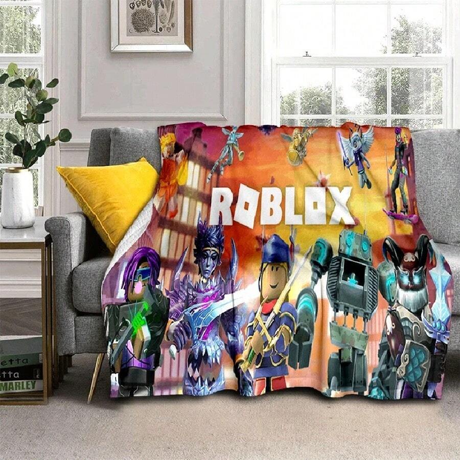 3D R-Robloxs Cartoon Game Flannel Blanket Soft Warm Throw Blanket For Bed Bedroom Room Living Room Travel Camping Picnic Gift(1).Jpg - 白色 - 查看 1