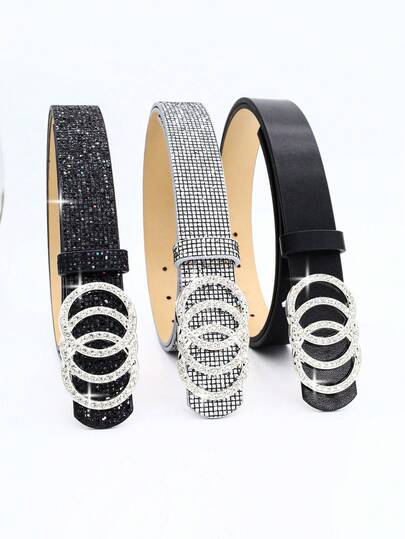 1pc Women's Heavily Embellished Rhinestone Shiny PU Leather Belt Buckle, Decorative For Dresses, Jeans, Casual Pants, Minimalist Fashion