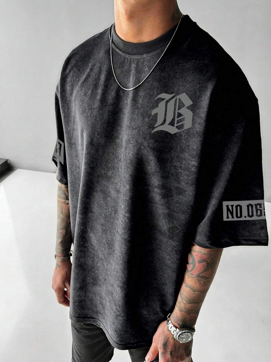 K-GLORY 男士休闲百搭简约英文标语复古水洗短袖T恤 - 黑色 - 查看 1