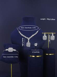 5pcs White Gold Plated Luxury Royal Style Square Design Bridal Wedding Jewelry Set, Suitable For Daily Wedding Wear, Wedding Anniversary Gift - Platinum Square Bridal Set - View 3