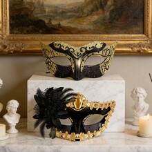 Couple's Rhinestone Masquerade Mask, Venetian Party High-End Shiny Mask For Halloween, Christmas, Costume Party, Half Face Mask, Opera Carnival Party, Fashionable Romantic Green Glitter Party Mask - Gold - View 11