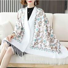 1pc Women's Autumn/Winter Faux Cashmere Embroidered Scarf, Thick Warm Tasseled Embroidered Bohemian Style Travel Shawl Poncho - White - View 1