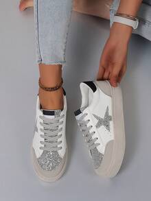 1 par de tênis casuais femininos com estampa de estrelas brilhantes, modelo charmoso com cadarço, ideais para esportes, atividades ao ar livre e todas as estações. - Branco - Ver 1