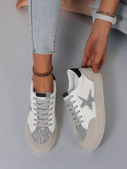 1 Pair Women's Casual Sneakers With Shiny Star Design, Cute Lace-Up, Suitable For Sports, Outdoor, All Seasons