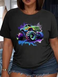 Colorful Monster Truck Graphic T Shirt For Women Casual Summer Top With Vibrant Art DesignOutdoor Party Outfit 220g - 黑色 - 查看 6