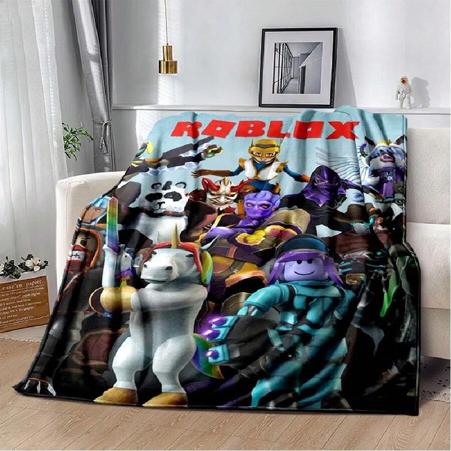 3D R-Robloxs Cartoon Game Flannel Blanket Soft Warm Throw Blanket For Bed Bedroom Room Living Room Travel Camping Picnic Gift.Jpg - 白色 - 查看 1