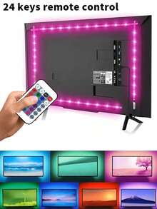 24键遥控器，5V USB RGB LED灯带，适用于电视背光、办公室、桌面底部、电脑显示器、客厅、卧室（建议长度：1米至5米，用于电视和电脑背景照明）。最佳生日礼物，可通过遥控器控制，非常适合用于电视、花园、家居、卧室、客厅、万圣节、圣诞节、婚礼和派对装饰，是生日和圣诞节的完美礼物。 - 彩色光 - 查看 1