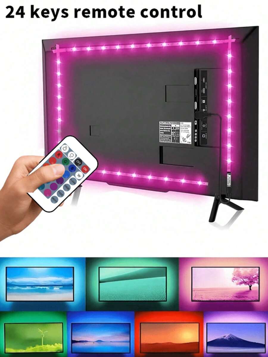 24键遥控器,5V USB RGB LED灯带,适用于电视背光、办公室、桌面底部、电脑显示器、客厅、卧室(建议长度:1米至5米,用于电视和电脑背景照明)。最佳生日礼物,可通过遥控器控制,非常适合用于电视、花园、家居、卧室、客厅、万圣节、圣诞节、婚礼和派对装饰,是生日和圣诞节的完美礼物。 - 彩色光 - 查看 1