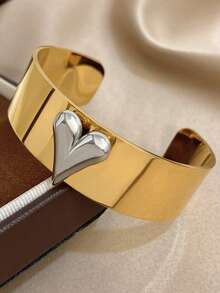 18K Gold-Plated Dual-Tone Heart-Shaped Wide Stainless Steel Bracelet & Ring Set, Women's Jewelry Set, Suitable For Valentine's Day, Party, Formal Occasion, Daily Wear, Date, Carnival, New Year, Wedding, Beach, Christmas, Anniversary, Elegant Mother's Gift, Boho Jewelry, Bridesmaid Gift - Multicolor - View 6