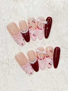 Crispy And Sweet Cherries At Your Fingertips! Y2K Style 10pcs Handmade Nails Oval Long Pointed Nails Pink And Red Color-Block French Manicure With Hand-Painted Cherries, Red Polka Dots, White Small Pearls, 3D Pink Bow Decoration. Cute And Playful, Suitable For Dates, Gatherings With Friends, Outings, And Vacation Wear. Brightening And High-End Feel, Reusable Handcrafted Press-On Nail Set With Jelly Glue And A Mini Nail File. Nail Supplies Handmade Press On Nails - Pink - View 14