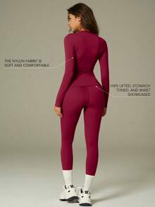 UONNOU Comfortable And Slimming Yoga Two-Piece Set | Long-Sleeved Top + High-Waisted Leggings, Suitable For Everyday Activities - Red - View 5