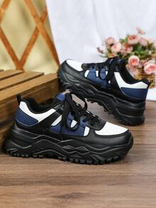 Fashionable Lightweight Breathable Thick Sole Casual Sports Shoes, Men's Business Casual Sports Shoes, Minimalist Versatile Comfortable Platform Shoes, Suitable For All, Student Shoes - White, Black, Dark Blue and Black Background - View 3