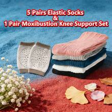 (Knee Pad & Elastic Sock Set) 5 Pairs Unisex Compression Leg Warmers, High Elastic Fabric, Diabetic Leg Warmers, Extra Wide Leg Warmers; 1 Pair Moxibustion Knee Pads, Unisex, Elastic Warm Wool Moxa Compression Knee Pads - Multicolor - View 10