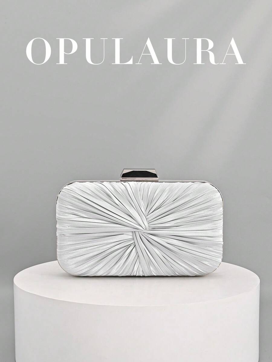 OpulAura 1件装复古优雅缎面手拿包，褶皱扭结设计，时尚晚礼服包，魅力精致的正式派对手提包，奢华盒式小包，适合派对/婚礼/正式场合晚宴，配有链条肩带，可肩背或斜挎 - 銀色 - 查看 1