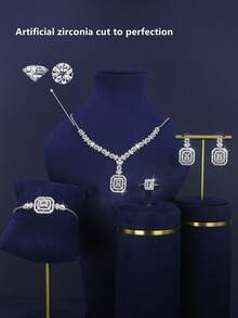 5pcs White Gold Plated Luxury Royal Style Square Design Bridal Wedding Jewelry Set, Suitable For Daily Wedding Wear, Wedding Anniversary Gift - Platinum Square Bridal Set - View 4