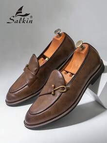 Luxury Retro Style Slip-On Loafers For Men, Elegant Gentleman Leather Shoes With Black Button Closure, Breathable Uppers, Non-Slip Durable Soles, Suitable For Casual, Business, Formal, Graduation Ceremony, Office, Party, Wedding, Spring/Summer/Autumn, Plus Size - Brown - View 10