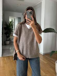 Áo dệt kim màu trơn mềm mại, kiểu dáng thường ngày, thích hợp mặc đi biển. - Màu Khaki - Xem 5