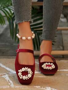 女士水钻方头玛丽珍拖鞋，休闲一脚蹬凉鞋，百搭优雅，春夏款 - 紅色 - 查看 3